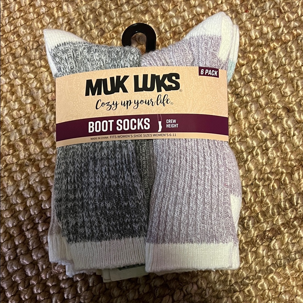Muk Luks Women's Boot Socks - Gray Purple Green Pink White 6 pack crew 6-10 BNIB